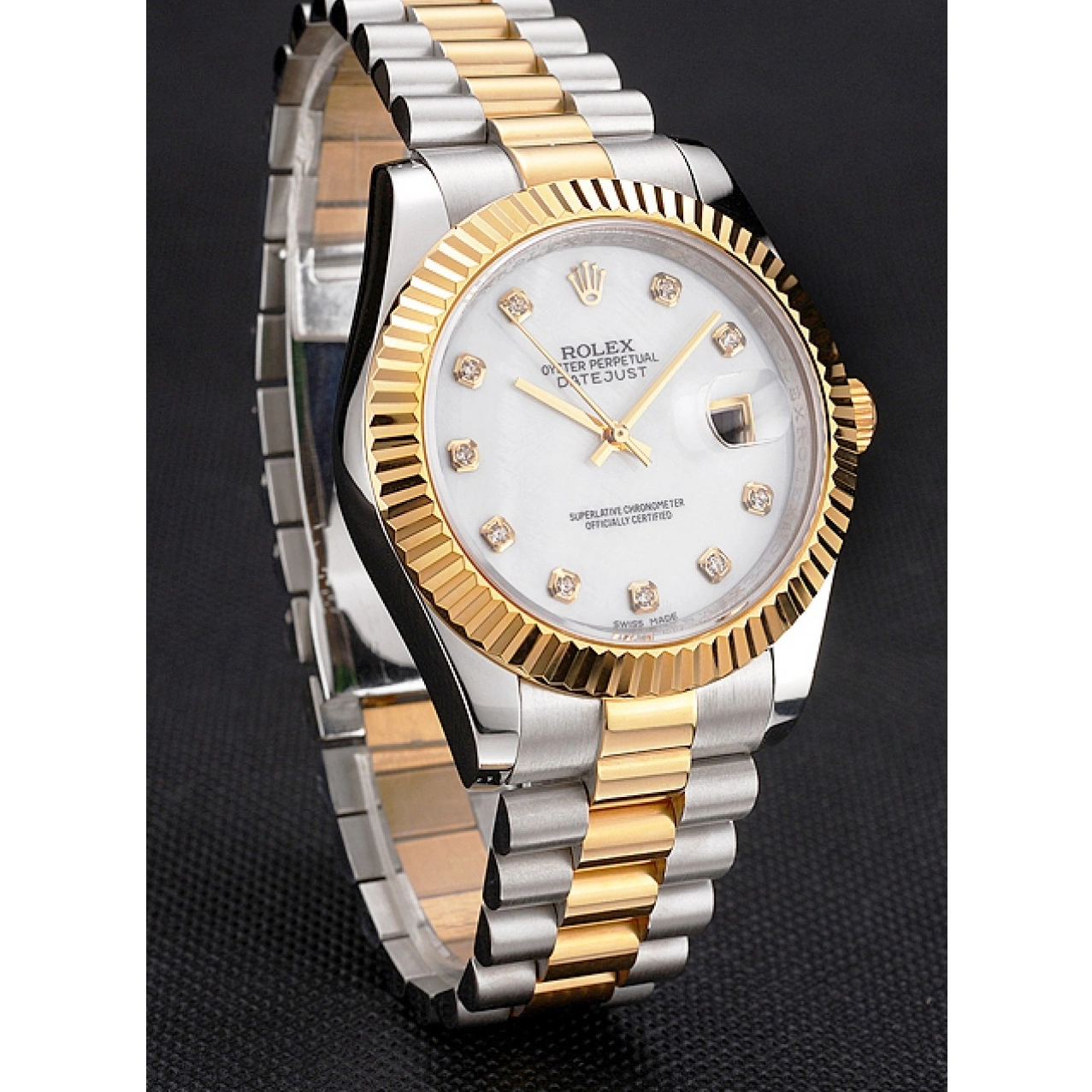 Aaa replica Steel Hour Marks Two Case Gold Bracelet Stainless Tone White Rolex Bezel Swiss Datejust Diamond Dial 0818